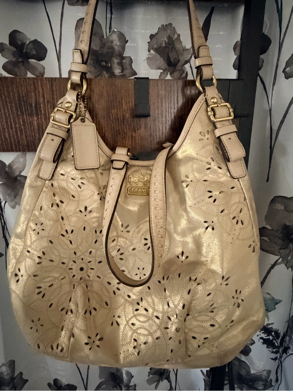 RARE Coach Gold Perforated Leather Shoulder Hobo Bag